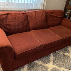 With Queen sleeper mattress, 2 piece Sofa Sleeper Set, deep red, pictured with blue suede covers. 