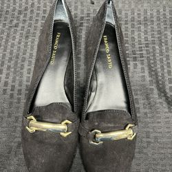 Franco Sarto Women’s Gerry Black Suede Leather Loafers with Gold Buckles - 9M 