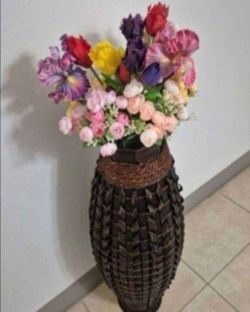 *** CLEARANCE *** 39" Hand Woven Bamboo Floor Vase with Faux Iris / Tulips / Begonias @ Lasting Creations