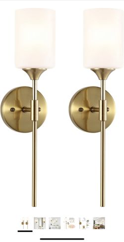 Gold Wall Sconce Set of 2 with White Cylinder Glass Shades Modern Mid Century Bathroom Vanity Wall Light Fixtures 
