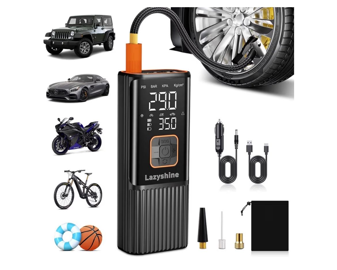Brand: Lazyshine Tire Inflator Portable Air Compressor - Air Pump for Car Tires Dual Mode 9000mAh & 12V DC, 150PSI Electric Bike Tire Pump with Pressu