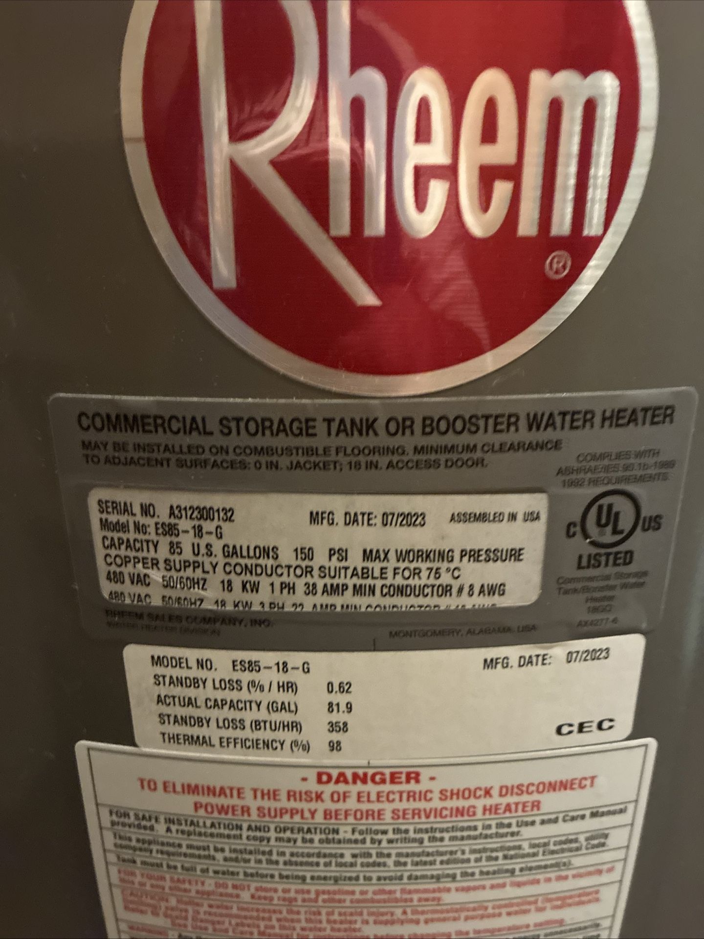Rheem 85 Gallon Es85 G 18 Mfd 7/2023