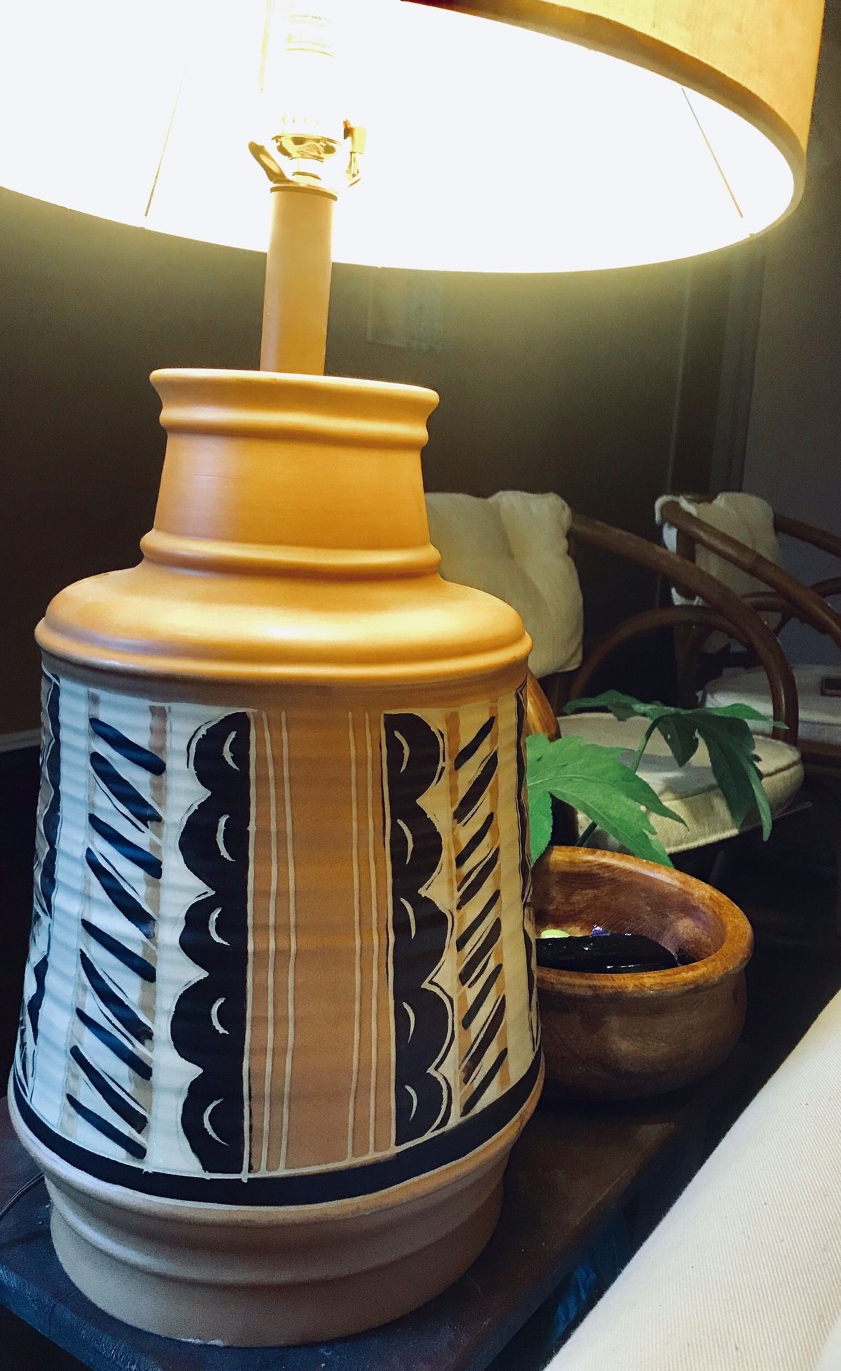 Vintage Native American Style Large Handmade Painted Terra-cotta Table Lamp