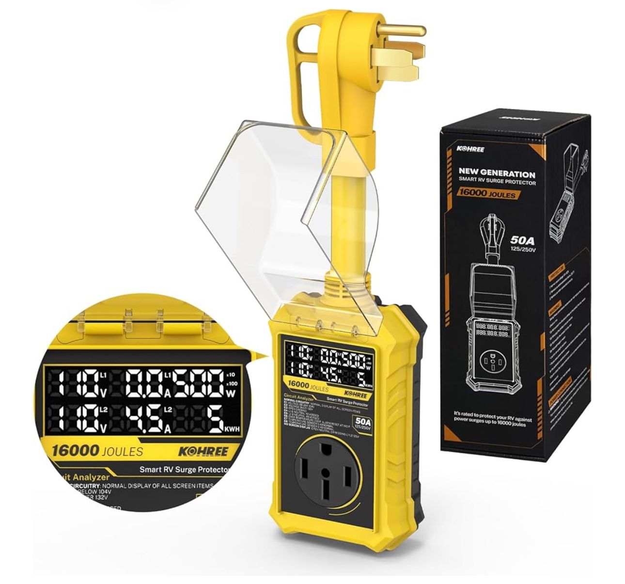 Kohree RV Surge Protector 50 amp with LED Real-time Large Screen Display Voltage Current KWH, 16000 Joules Auto Shut Off, Circuit Analyzer