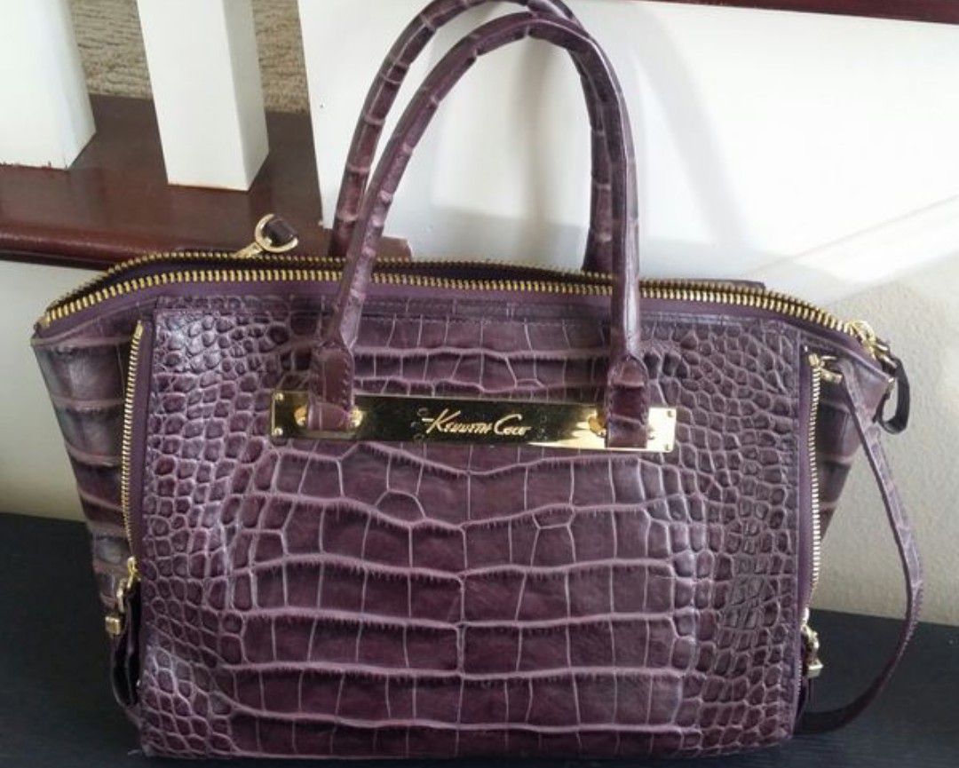 Lk NEW Kenneth Cole Purple Crocodile Satchel Handbag Bag Tote Bag + Extra Shoulder Strap + Zippered Compartments