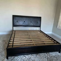 Modern King size bed frame color Black Leather Headboard wood Side 4 Drawers