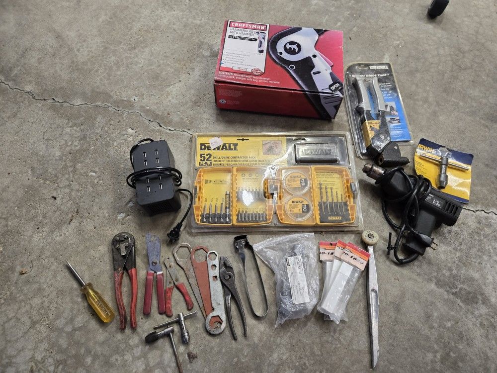 Craftsman Auto Hammer, Drill, USB Charger, Dewalt Bit Set And Misc. Tools