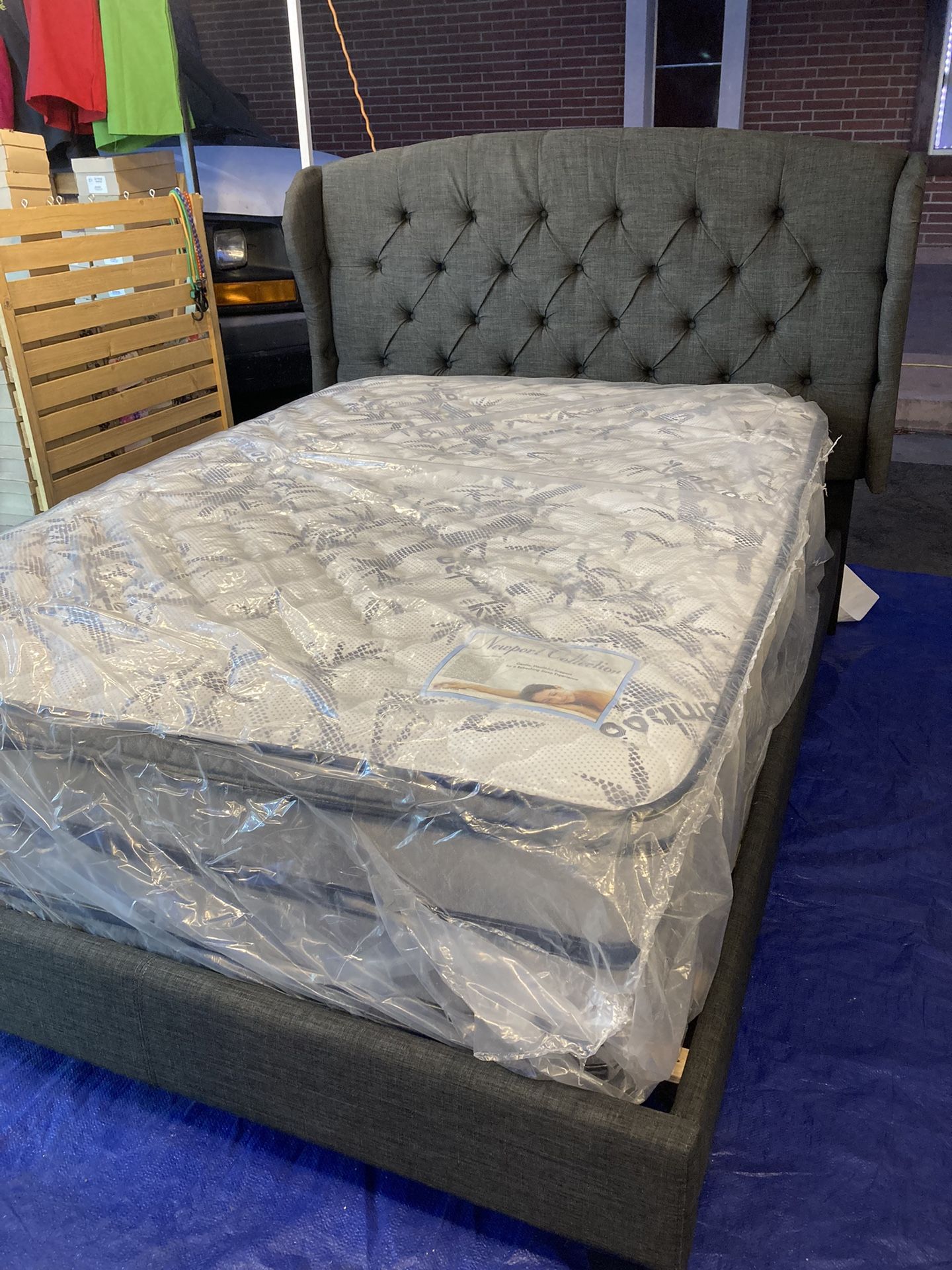 New Full Size Bed Frame With Double Sided Pillow Top Mattress