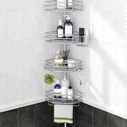 Corner Shower Caddy Tension Pole, Quick Setup, Rust-Free Bathroom Shower Organizer Corner for Bathtub Shampoo Storage, 4-Tier Adjustable Shelf, Drill 