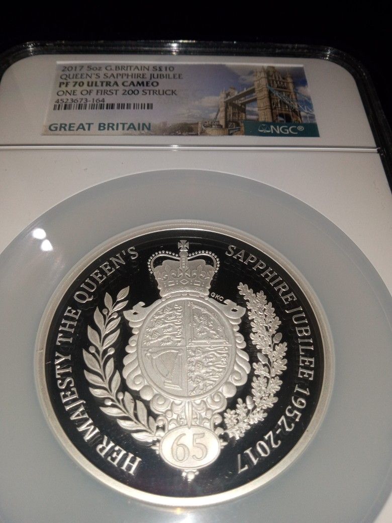 2017 5oz G. Britain S£10 Queen's Sapphire Jubilee PF 70 Ultra Cameo Silver Proof Coin
