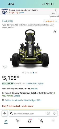 Ryobi 38 inches 100 Ah Battery Electric Rear Engine Riding Lawn Mower RY48111