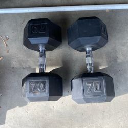 70lb Pair Of Rubber Hex Dumbbells $150