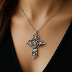 Elegant Czech Crystal Cross Pendant – Silver Filigree Necklace for Women