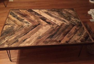 Rustic Wood Chevron Coffee Table  and  end table with Hairpin Legs