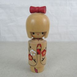 Japanese Kokeshi Hand Cafted Wood Doll By Tomio-Plum Blossoms 7 1/2"


