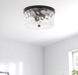 12 in. 2-Light Black Flush Mount Ceiling Light with Water Rippled Glass Shade