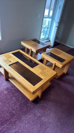 Oak coffee table, side tables and TV stand