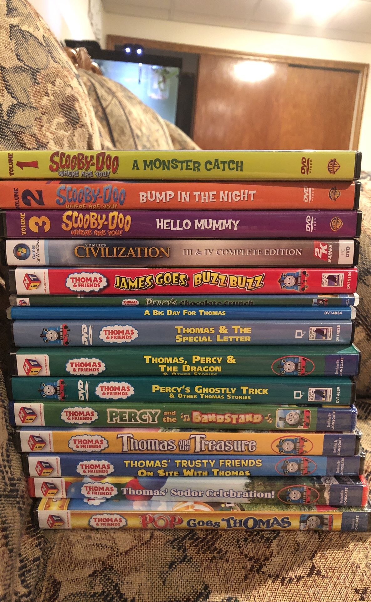 DVD’s Thomas the tank engine, Scooby doo, civilization computer game