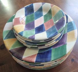Vintage Carnival Hand Painted Colorful Diamond Dinnerware - 11 pcs