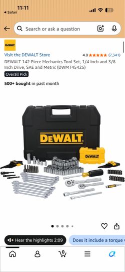 DEWALT 142 Piece Mechanics Tool Set, 1/4 Inch and 3/8 Inch Drive, SAE and Metric (DWMT45425)
