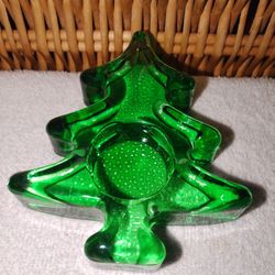 GREEN GLASS CHRISTMAS TREE TEA LITE CANDLE HOLDER