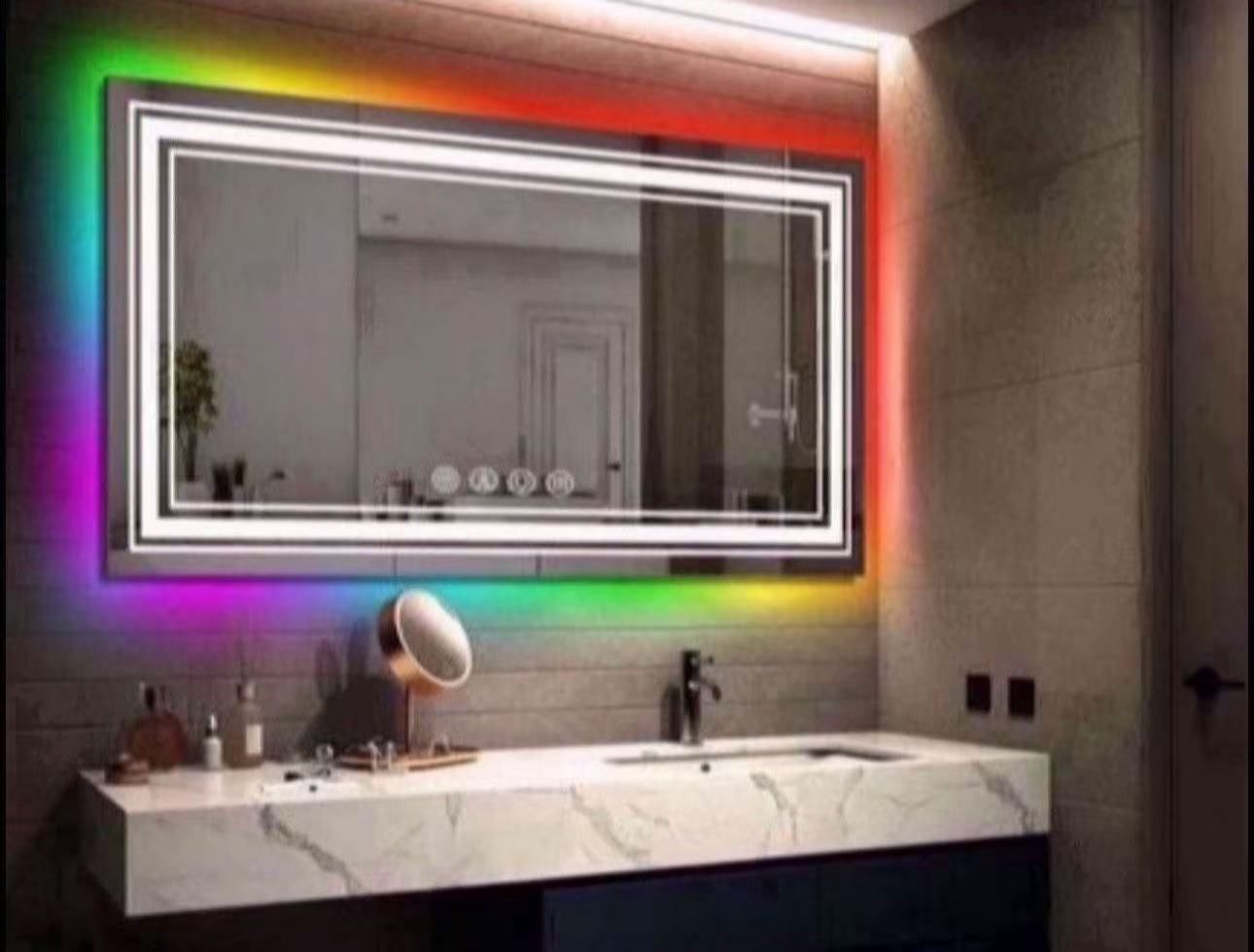 MOSILA 48X24 inch RGB LED Bathroom Mirror Color Changing Backlit + 3 Front Lighting Mirror Anti-Fog Smart Touch Mirror