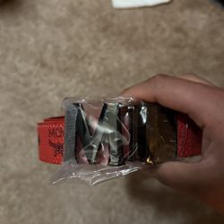 Red MCM Belt Black Logo Buckle Adjustable Men's Belt with Box