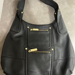 KOOBA Leather Hobo Large Shoulder Bag Purse Black Gold Hardware Zipper Pockets Looks New