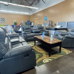 Gray Leather Sofa Set 