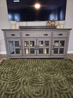 Gray Wood Sideboard Buffet with Glass Doors