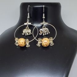 Elephants And Beaded Hoops,  Silver -1.5"  Hoop Earrings, 