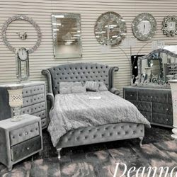 Gray, Black Color 4 Piece Bedroom Set; Bed Frame, Dresser, Nightstand, Mirror ✅$39 Down Payment with Financing  No Needed Credit Check1355
