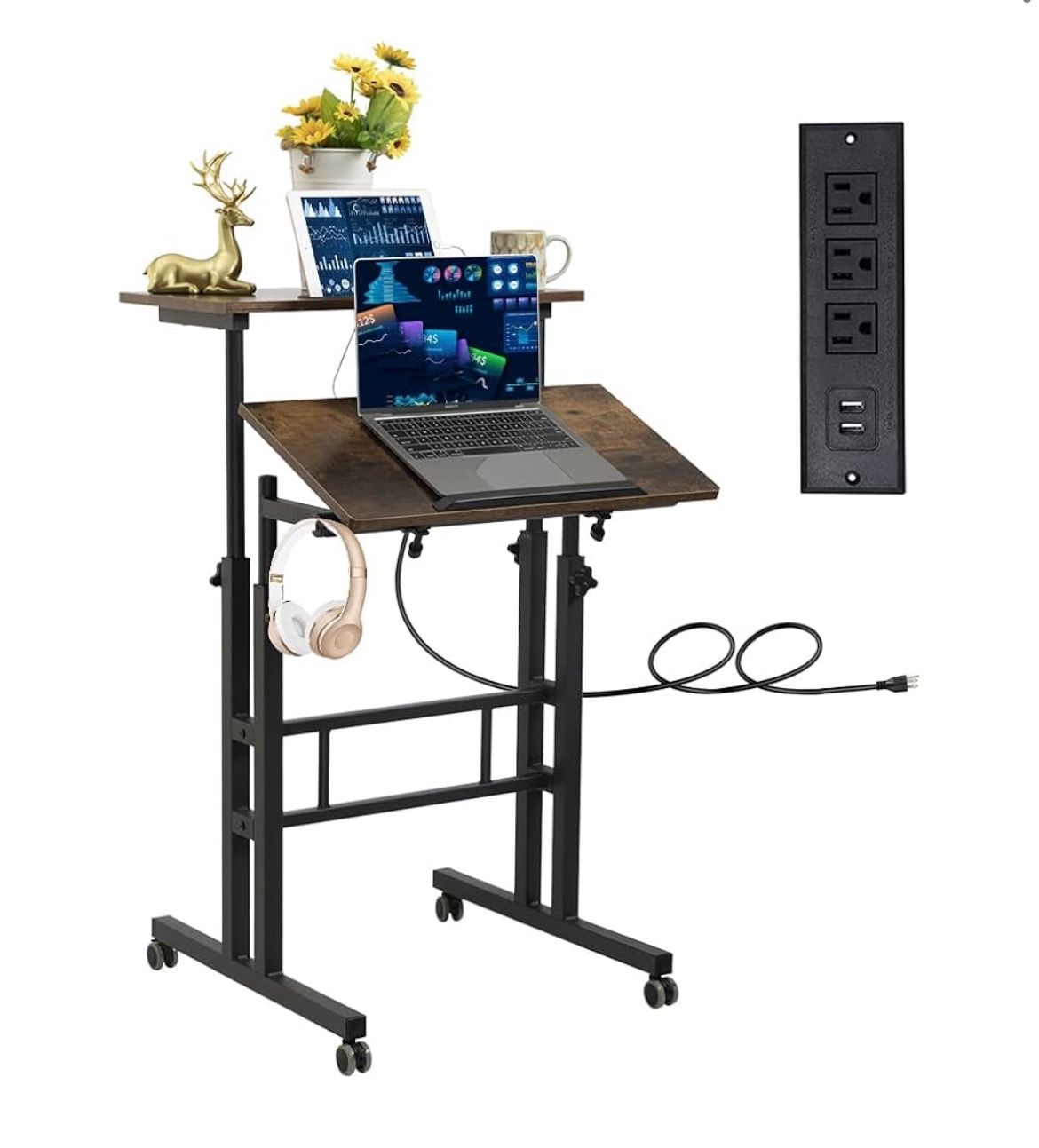 Mobile Standing Desk with Charging Station, Adjustable Standing Computer Desk, Standing Adjustable Laptop Cart with Wheels for Home Office Classroom R