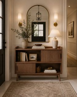 Sideboard Buffet Cabinet with Outlet & 2 Open Storage Spaces, Fluted Sideboard Cabinet with Sliding Door & Adjustable Shelves, Mid-Century Accent Coff