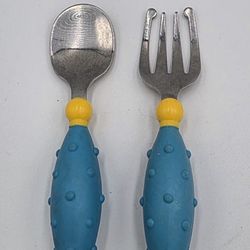 Gerber Blue & Yellow Silicone Handle Stainless Steel Fork & Spoon Infant Toddler