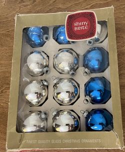 Vtg 12 Shiny Brite Mercury Glass Silver Blue Christmas Ornament Boxed