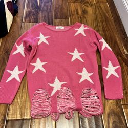 Women’s zenana distressed pink star sweater. Size small