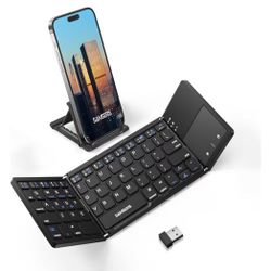 Samsers Multi-Device Foldable Bluetooth Keyboard with Touchpad, Rechargeable Dual-Mode(2.4G+BTx2) Wireless Keyboard with Holder, Portable Folding Keyb