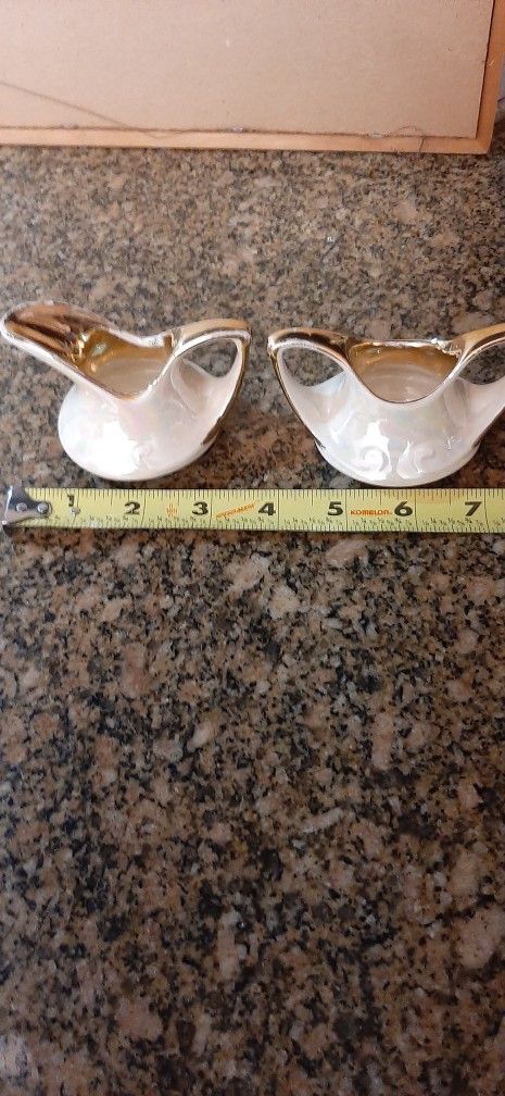 Iridescent glaze and gold mini sugar bowl and creamer.