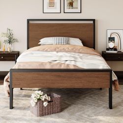 14 Inch Twin Size Metal Platform Bed Frame with Wooden Headboard and Footboard, Mattress Foundation, No Box Spring Needed, Large Under Bed Storage, He