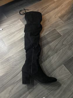 Knee Black Suede Back Tie Scrunchie Boots