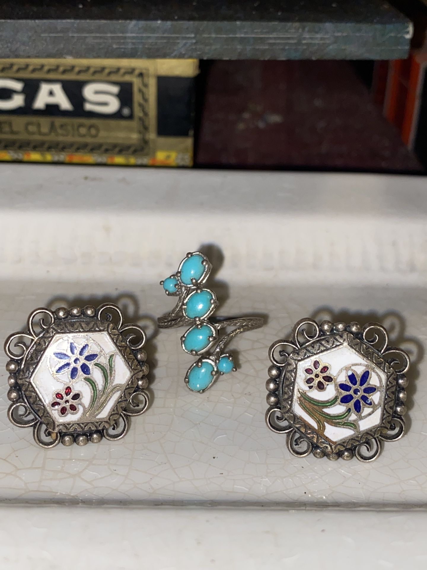 Two antique porcelain silver couplings with a natural turquoise sterling silver size 7 ring
