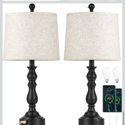 Juego de 2 lámparas de mesa de granja de 23 pulgadas para sala de estar, con puertos USB C+A, lámpara de noche retro para dormitorio, oficina, comedor