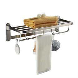24 Inch Bathroom Shelf with Foldable Towel Bar Holder and 5 Towel Hooks Double Towel Rack for Bathroom Wall Mounted SUS304 Stainless Steel No Rust Bru