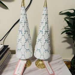 Cupcake and Cashmere set of two blue Ribbon & Bows Christmas trees 12.5” tall New