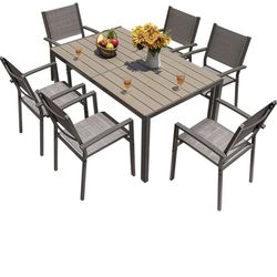 7 Pieces Patio Dining Set Outdoor Furniture with 6 Stackable Textilene Chairs and Large Table for Yard, Garden, Porch and Poolside, Grey