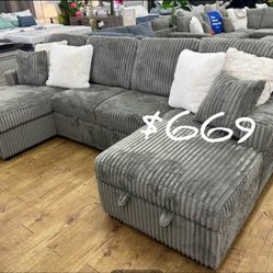 3-pc Convertible Sectional Smoke Wide- Welt Corduroy 