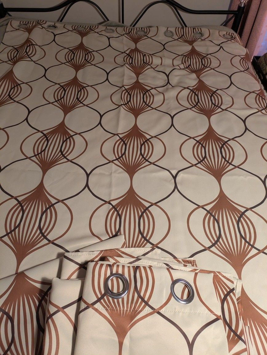 4 Beige & Brown Grommet Top Curtains 52" X 63'