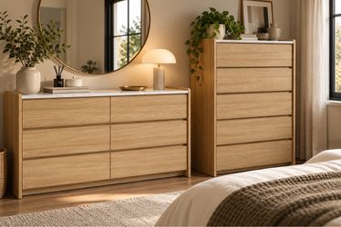 Modern Oak 2-Piece Bedroom Dresser Set – 5 Drawer Chest & 6 Drawer Dresser