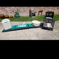 Pet Supply Bundle: Crate, Carrier, Ramp, Bed, Bowls, and Food Container